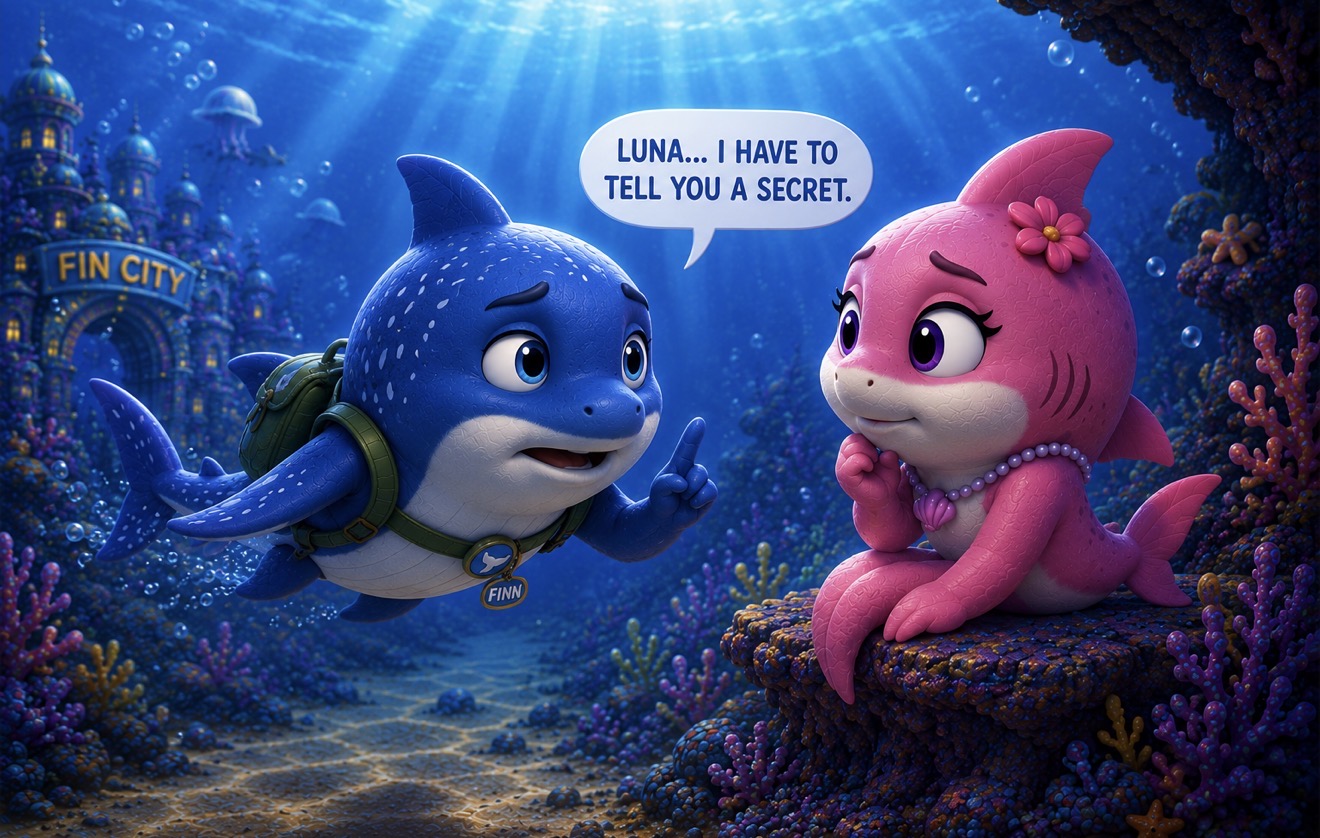 Finn telling Luna a secret near the gates of Fin City