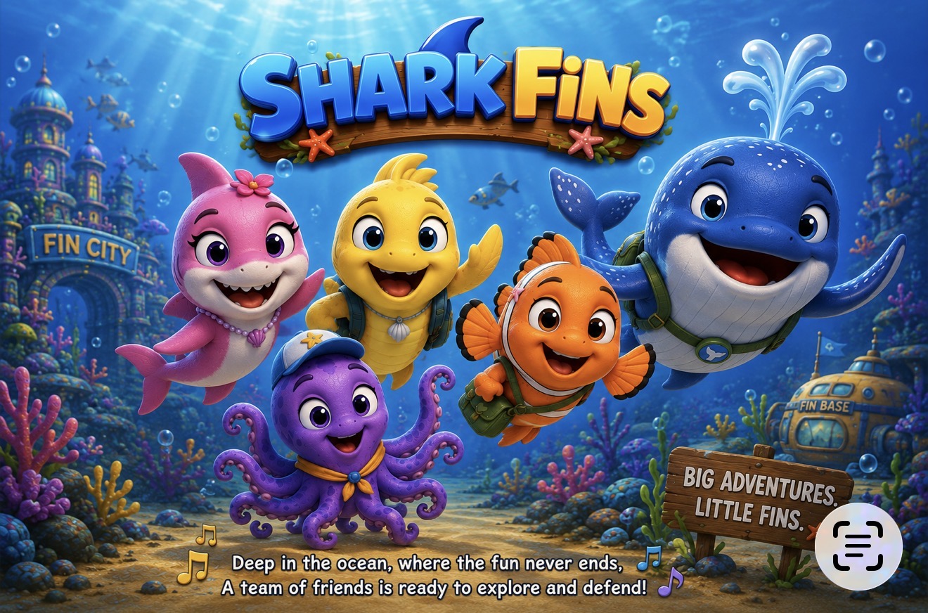 The Shark Fins crew swimming together outside Fin City